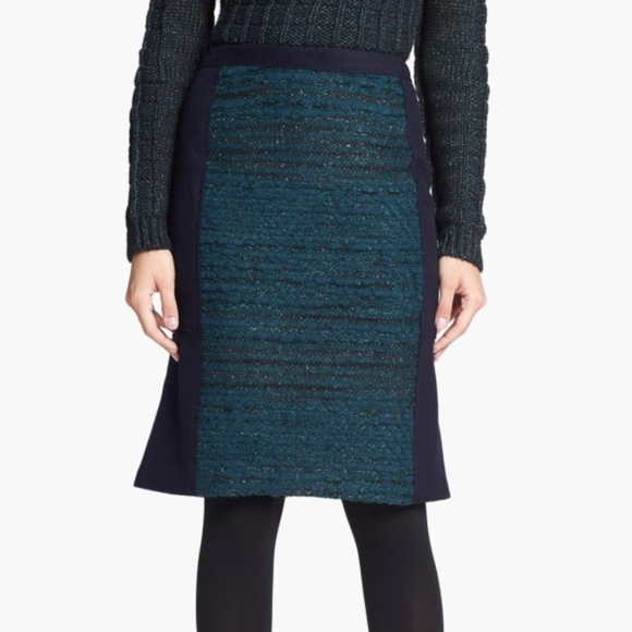 TORY BURCH ‘Keegan’ Navy Blue & Green Boucle Flared Hem Pencil Skirt NWT - Picture 1 of 8